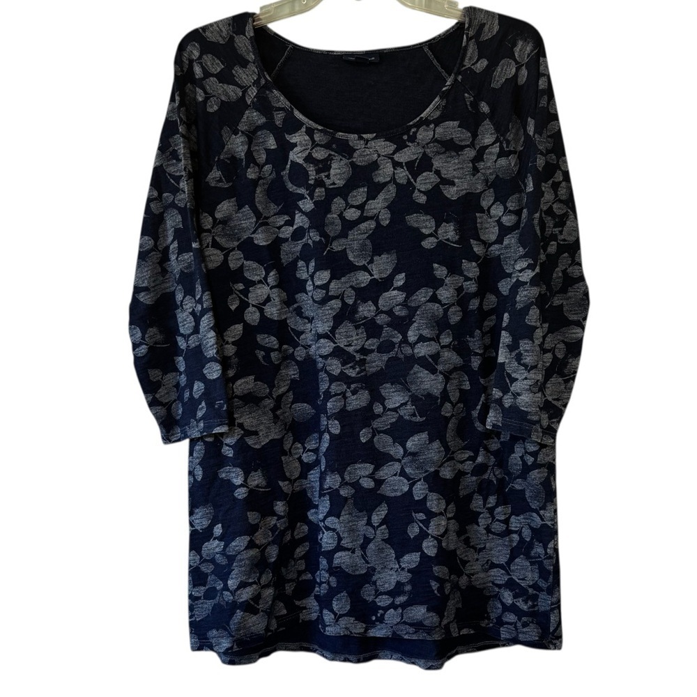 J Jill Floral Print Top Indigo Blue 3/4 length sleeve Sz Medium